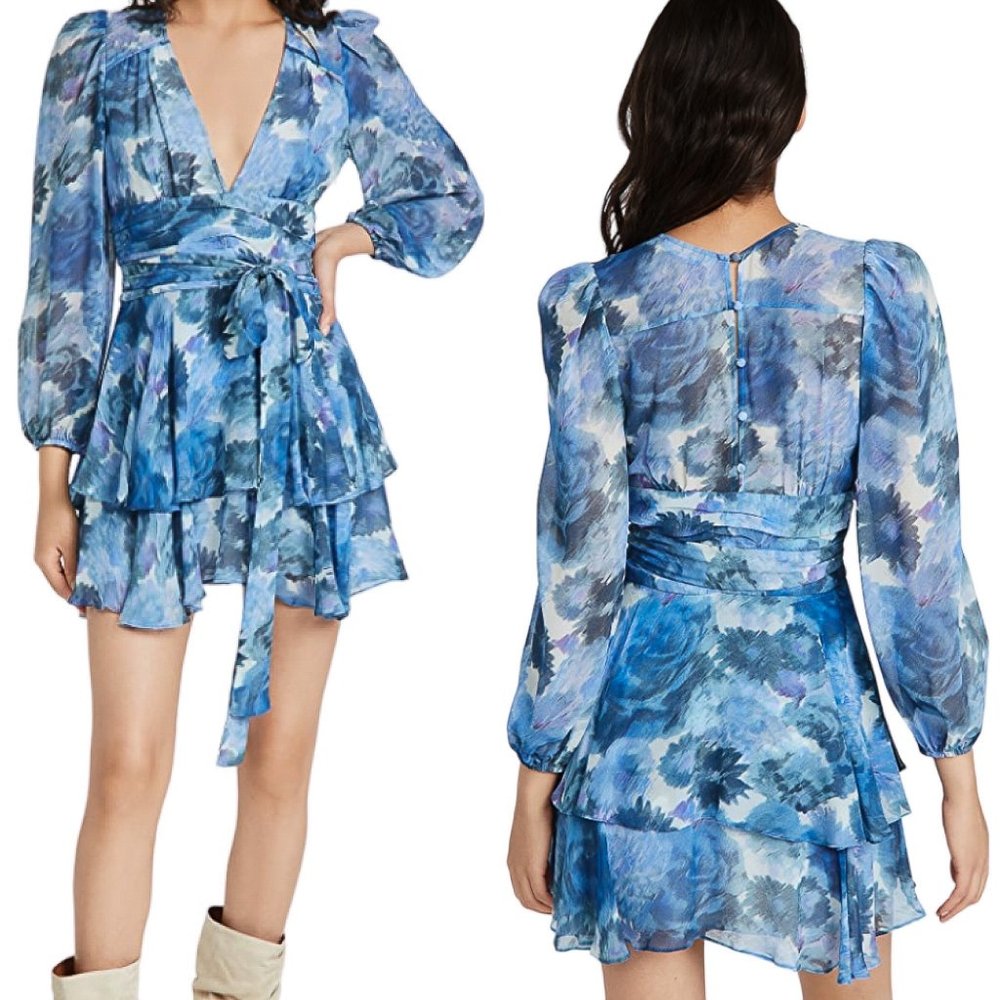 LoveShackFancy Blue Floral Tiered Mini Dress Size 2